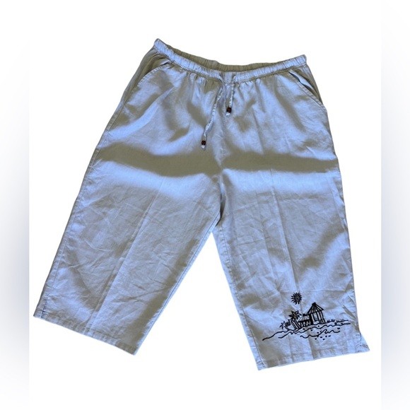 Palm Grove Women's  2X  Beige Palm Flower Printed Pull On Cropped Pants Wide Leg - Picture 3 of 16